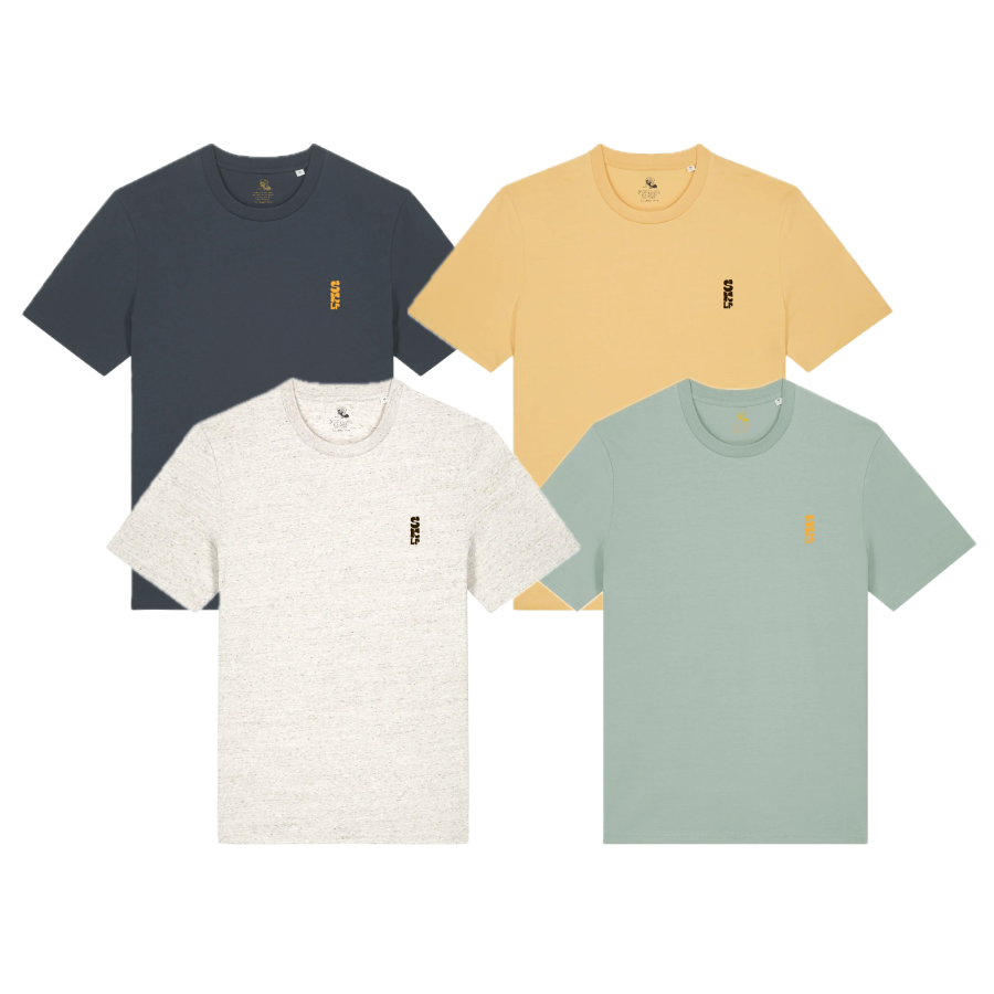 A product picture of all available 4 tshirt merch colors. Dark grey, yellow, light grey and mint.